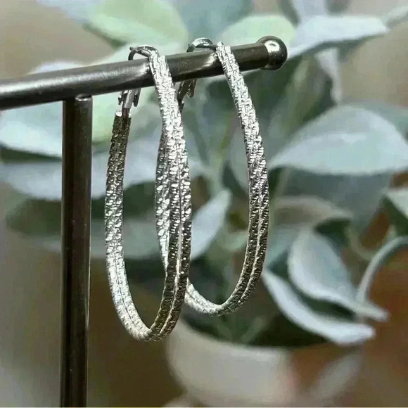 Pair of Silver Tone Double Hoop Loops Hoop Earrings - Picture 2 of 2
